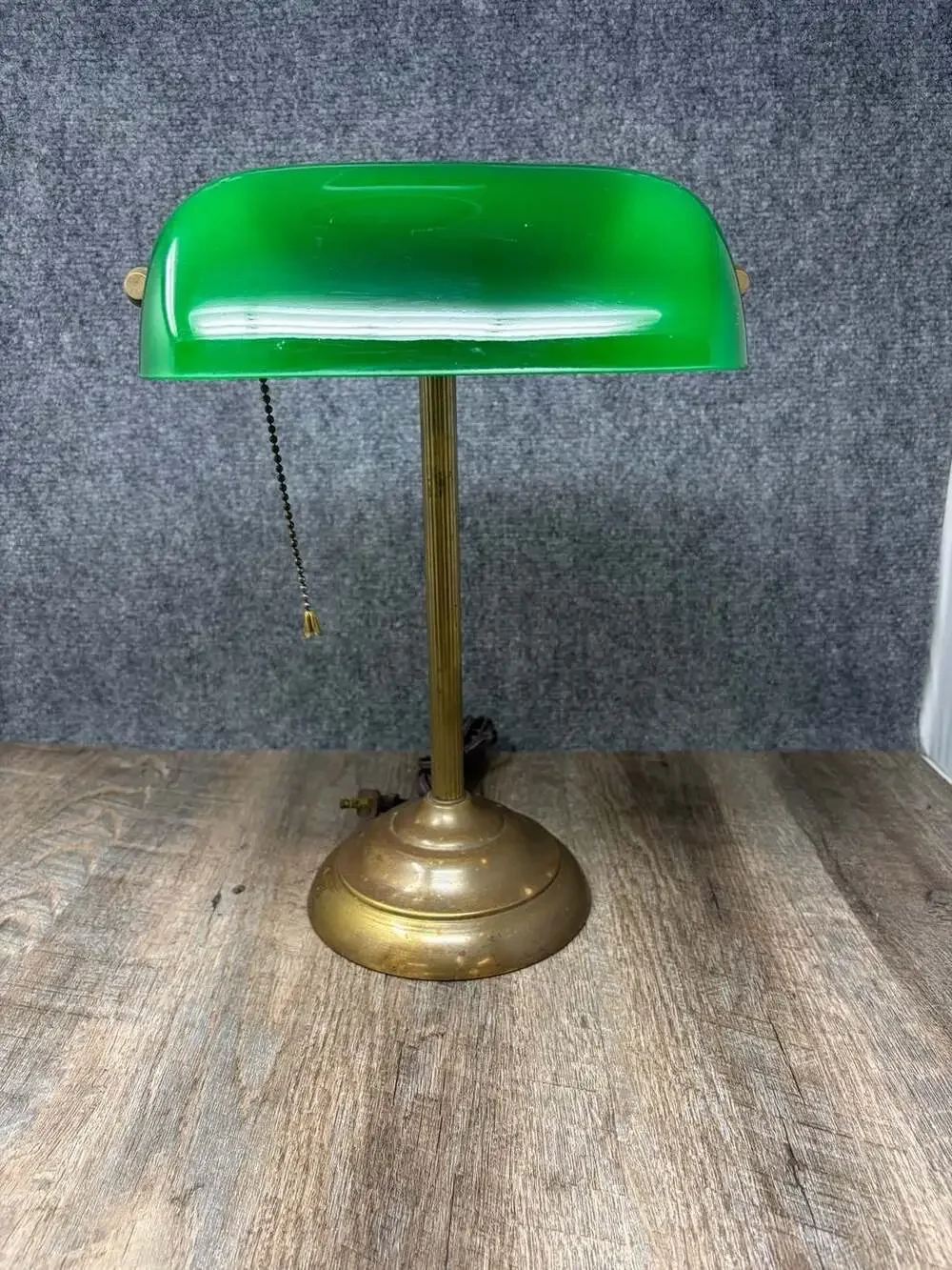 Vintage Bankers Desk Lamp with Emerald Green Glass Shade Brass Base & Pull Chain